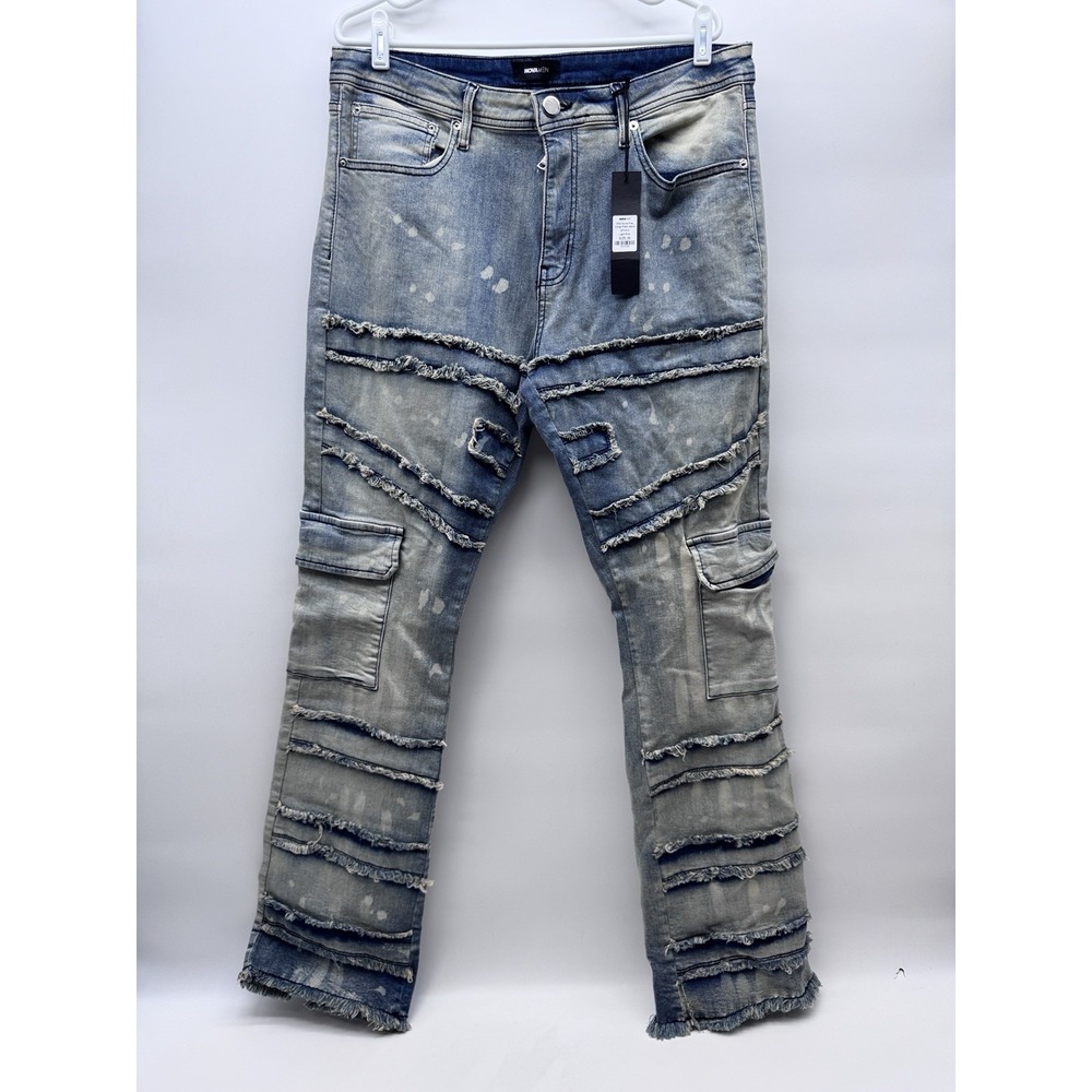 Fashion Nova Men With Some Fray Cargo Flare Jeans Light Blue Bleach Wash 36 Y2K